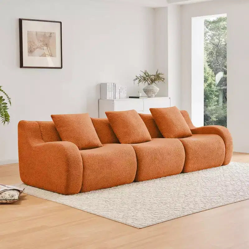 Divano Sezionale Modulare Moderno con Bracciolo Curvo, Divano Cloud a 3 Posti con Seduta Profonda in Tessuto Teddy per Soggiorno e Camera da Letto, Nessun Montaggio-Panipeachy