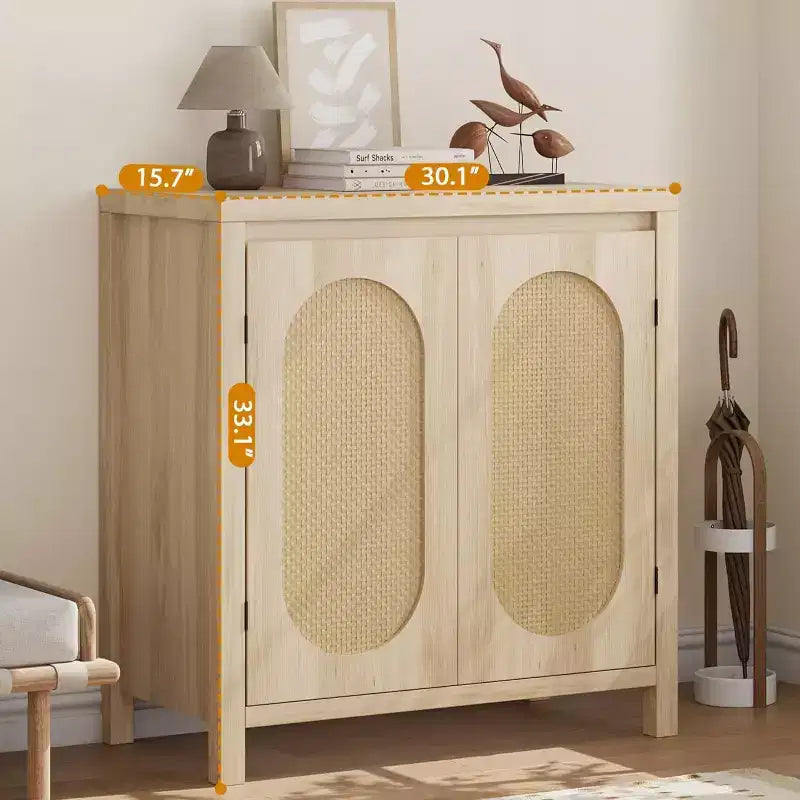 Acekool Mobile Contenitore Color Legno Credenza Buffet con Ante in Rattan e Ripiano Regolabile, Mobile d'Appoggio per Soggiorno