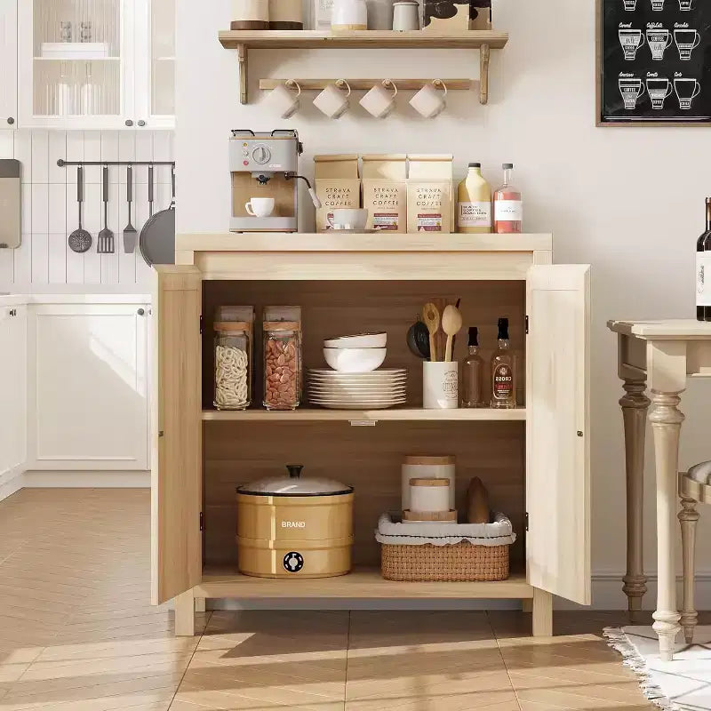 Acekool Mobile Contenitore Color Legno Credenza Buffet con Ante in Rattan e Ripiano Regolabile, Mobile d'Appoggio per Soggiorno