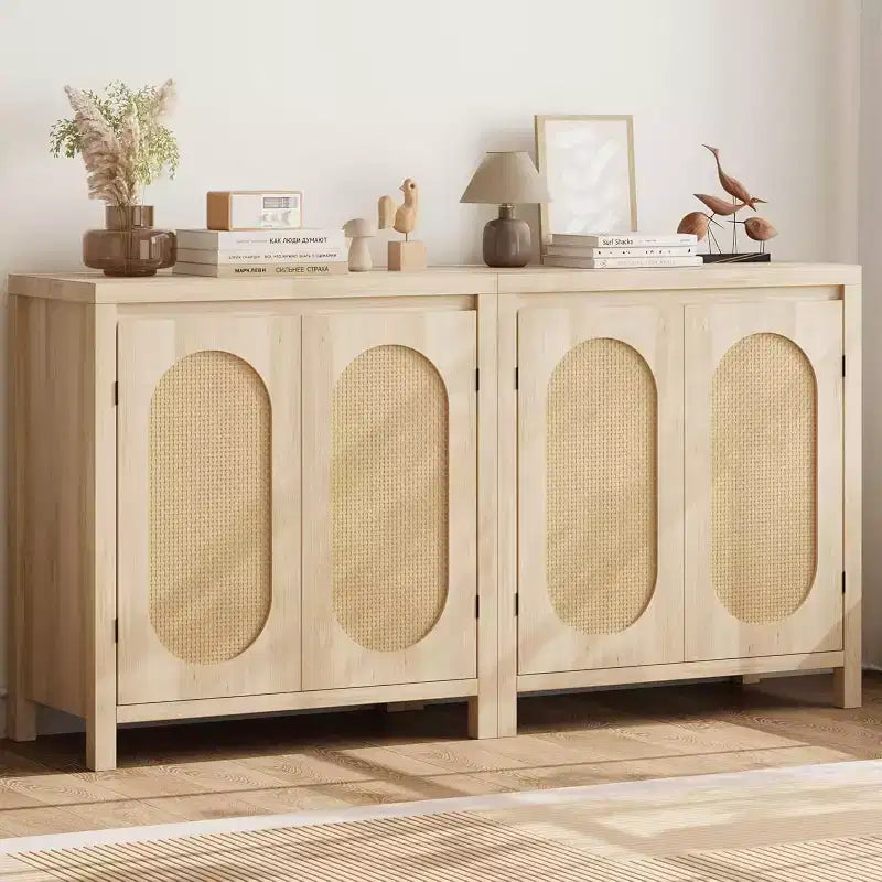 Acekool Mobile Contenitore Color Legno Credenza Buffet con Ante in Rattan e Ripiano Regolabile, Mobile d'Appoggio per Soggiorno