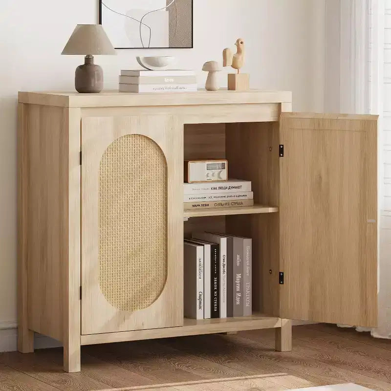 Acekool Mobile Contenitore Color Legno Credenza Buffet con Ante in Rattan e Ripiano Regolabile, Mobile d'Appoggio per Soggiorno