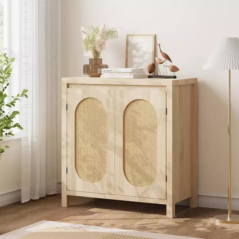 Acekool Mobile Contenitore Color Legno Credenza Buffet con Ante in Rattan e Ripiano Regolabile, Mobile d'Appoggio per Soggiorno