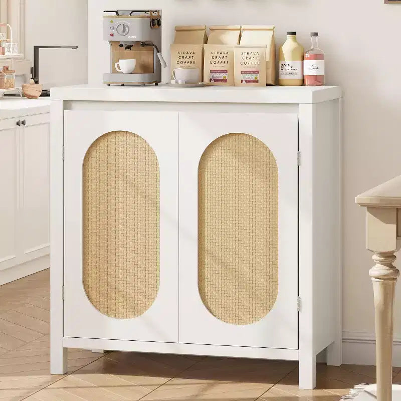 Acekool Mobile Contenitore Color Legno Credenza Buffet con Ante in Rattan e Ripiano Regolabile, Mobile d'Appoggio per Soggiorno