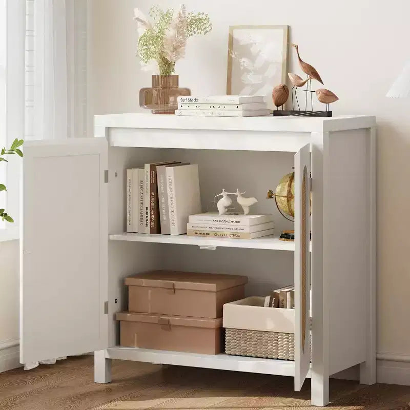 Acekool Mobile Contenitore Color Legno Credenza Buffet con Ante in Rattan e Ripiano Regolabile, Mobile d'Appoggio per Soggiorno