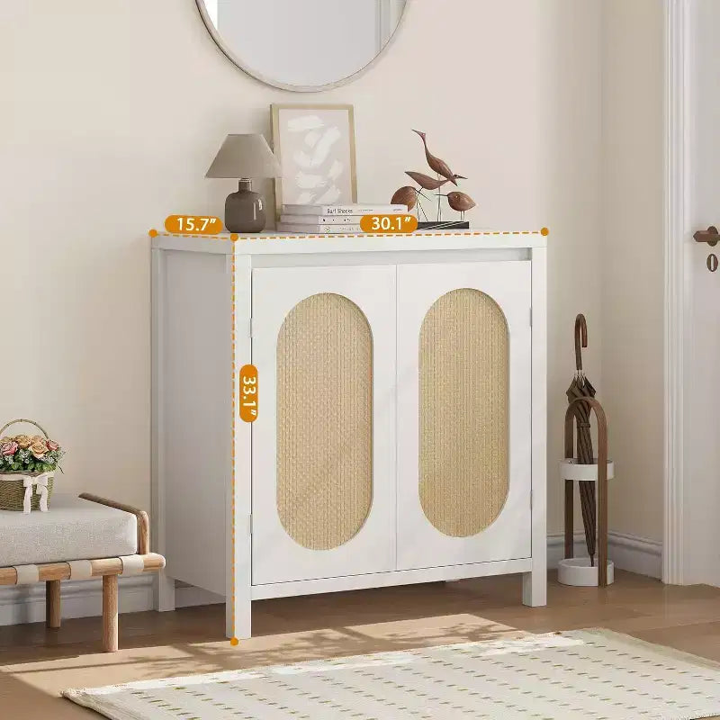 Acekool Mobile Contenitore Color Legno Credenza Buffet con Ante in Rattan e Ripiano Regolabile, Mobile d'Appoggio per Soggiorno