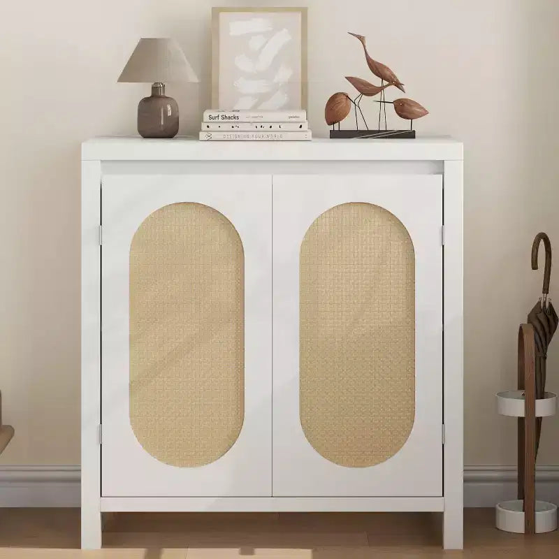 Acekool Mobile Contenitore Color Legno Credenza Buffet con Ante in Rattan e Ripiano Regolabile, Mobile d'Appoggio per Soggiorno