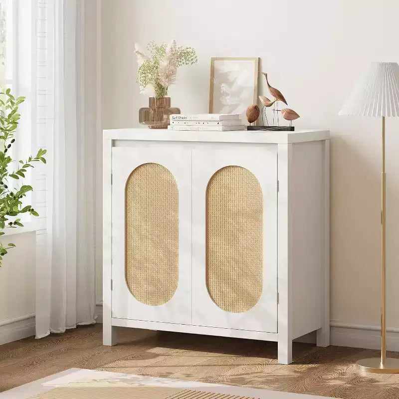 Acekool Mobile Contenitore Color Legno Credenza Buffet con Ante in Rattan e Ripiano Regolabile, Mobile d'Appoggio per Soggiorno