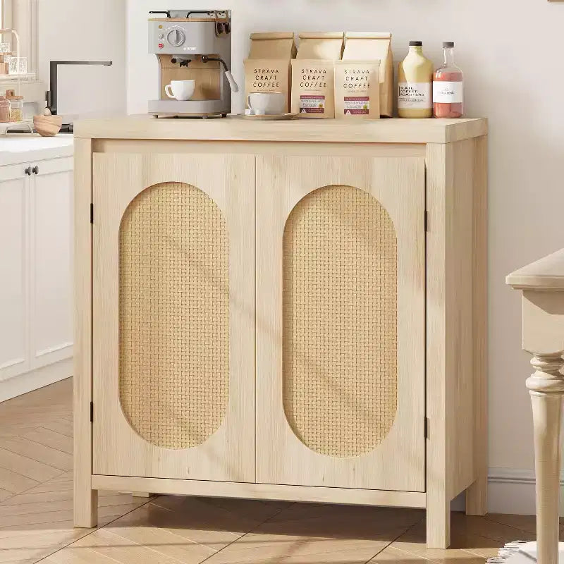 Buffet Acekool en bois avec portes en rotin et étagère réglable, meuble d'appoint pour salon