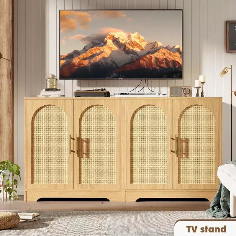 Mobiletto da caffè Boho da 30 pollici – Ante in rattan naturale, gambe in legno massello, maniglia in metallo, porta TV/credenza da 26.9 pollici di altezza per soggiorno e sala da pranzo