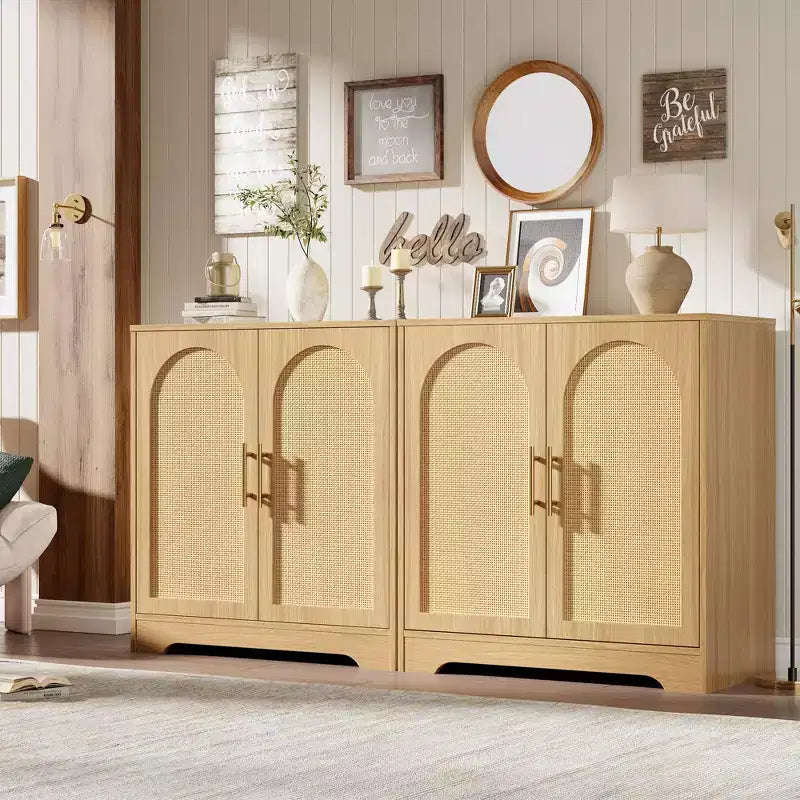 Mobiletto da caffè Boho da 30 pollici – Ante in rattan naturale, gambe in legno massello, maniglia in metallo, porta TV/credenza da 26.9 pollici di altezza per soggiorno e sala da pranzo
