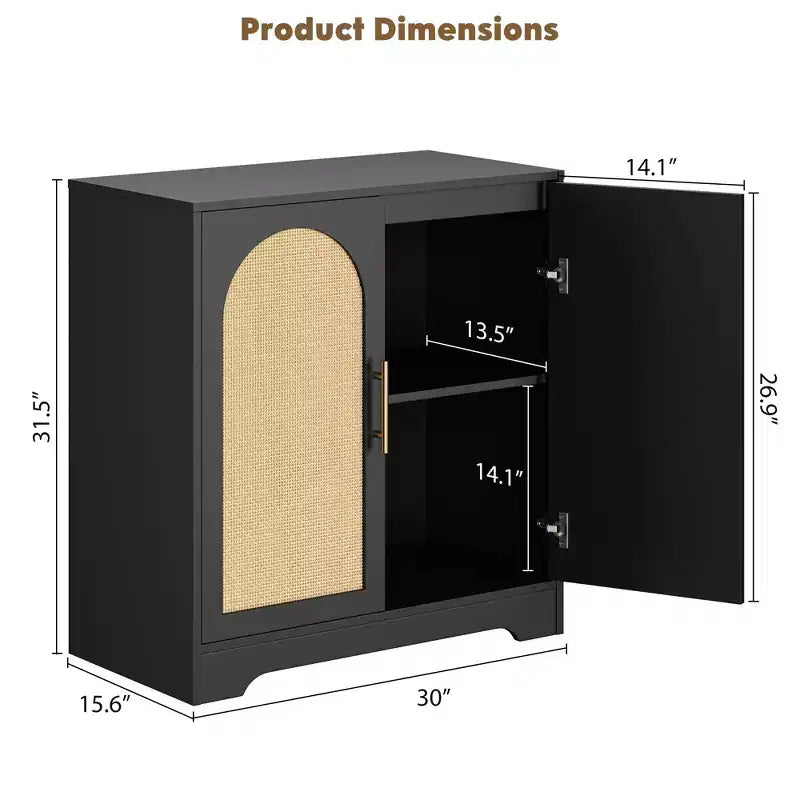 Mobiletto da caffè Boho da 30 pollici – Ante in rattan naturale, gambe in legno massello, maniglia in metallo, porta TV/credenza da 26.9 pollici di altezza per soggiorno e sala da pranzo