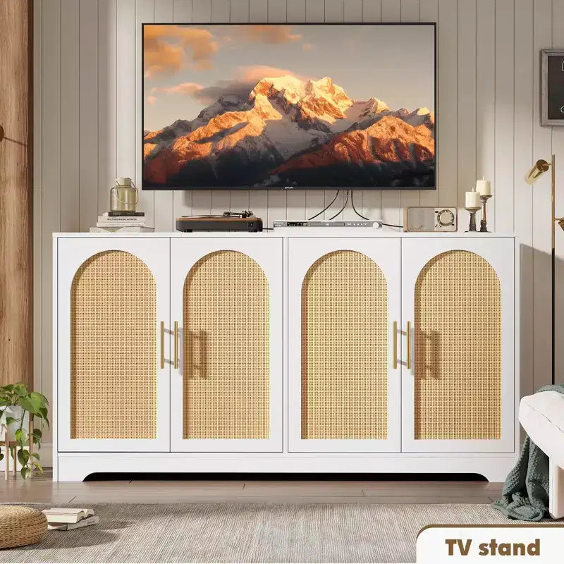 Mobiletto da caffè Boho da 30 pollici – Ante in rattan naturale, gambe in legno massello, maniglia in metallo, porta TV/credenza da 26.9 pollici di altezza per soggiorno e sala da pranzo