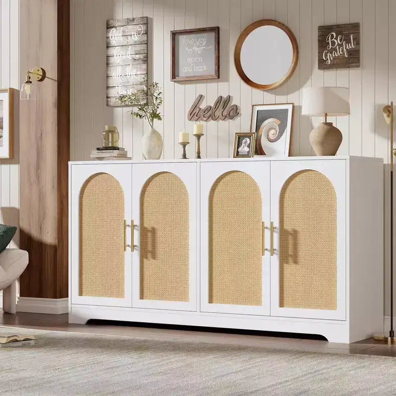 Mobiletto da caffè Boho da 30 pollici – Ante in rattan naturale, gambe in legno massello, maniglia in metallo, porta TV/credenza da 26.9 pollici di altezza per soggiorno e sala da pranzo