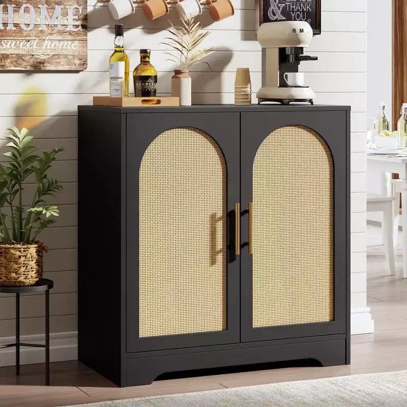 Mobiletto da caffè Boho da 30 pollici – Ante in rattan naturale, gambe in legno massello, maniglia in metallo, porta TV/credenza da 26.9 pollici di altezza per soggiorno e sala da pranzo