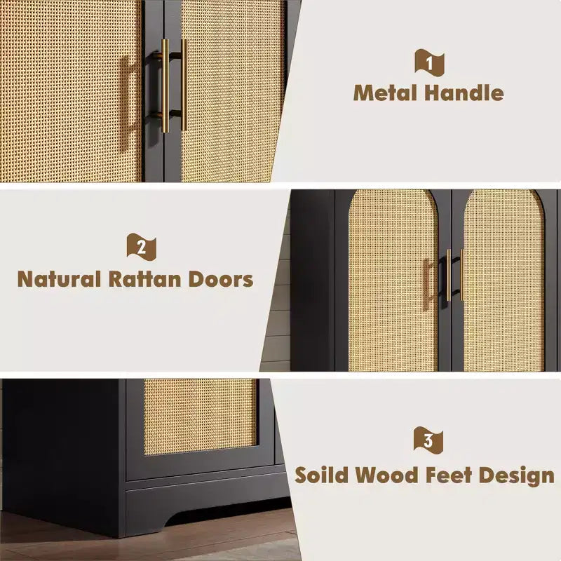 Mobiletto da caffè Boho da 30 pollici – Ante in rattan naturale, gambe in legno massello, maniglia in metallo, porta TV/credenza da 26.9 pollici di altezza per soggiorno e sala da pranzo