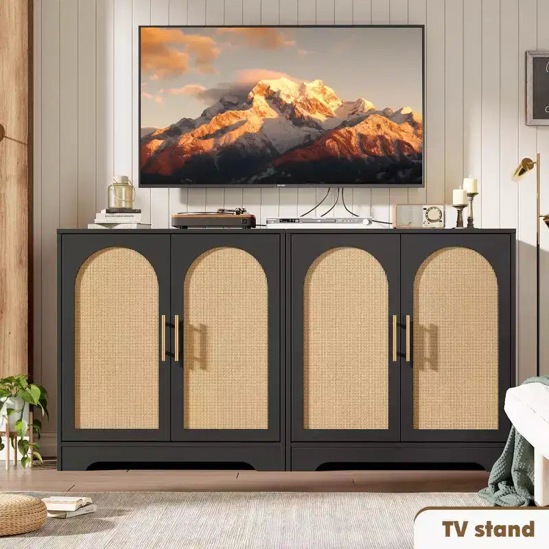 Mobiletto da caffè Boho da 30 pollici – Ante in rattan naturale, gambe in legno massello, maniglia in metallo, porta TV/credenza da 26.9 pollici di altezza per soggiorno e sala da pranzo