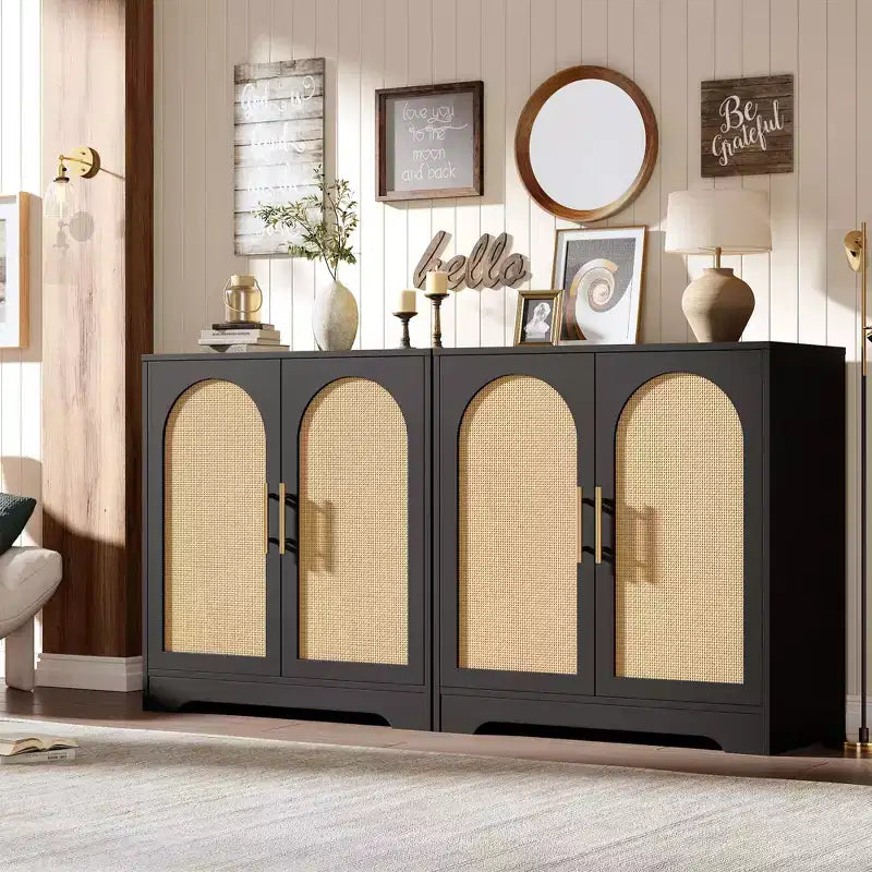 Mobiletto da caffè Boho da 30 pollici – Ante in rattan naturale, gambe in legno massello, maniglia in metallo, porta TV/credenza da 26.9 pollici di altezza per soggiorno e sala da pranzo