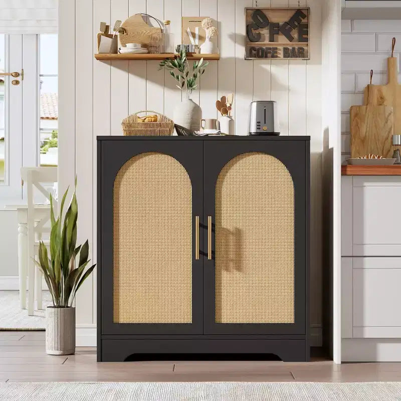 30 Boho Coffee Bar Cabinet  Natural Rattan Doors, Solid Wood Legs, Metal Handle, 26.9 H TV Stand / Sideboard for Living Room & Dining Room