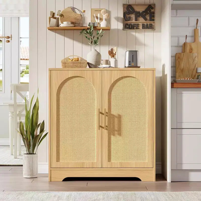 Mobiletto da caffè Boho da 30 pollici – Ante in rattan naturale, gambe in legno massello, maniglia in metallo, porta TV/credenza da 26.9 pollici di altezza per soggiorno e sala da pranzo