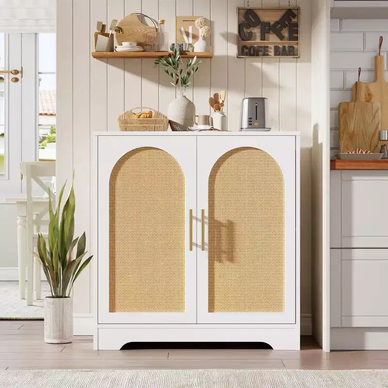 Mobiletto da caffè Boho da 30 pollici – Ante in rattan naturale, gambe in legno massello, maniglia in metallo, porta TV/credenza da 26.9 pollici di altezza per soggiorno e sala da pranzo