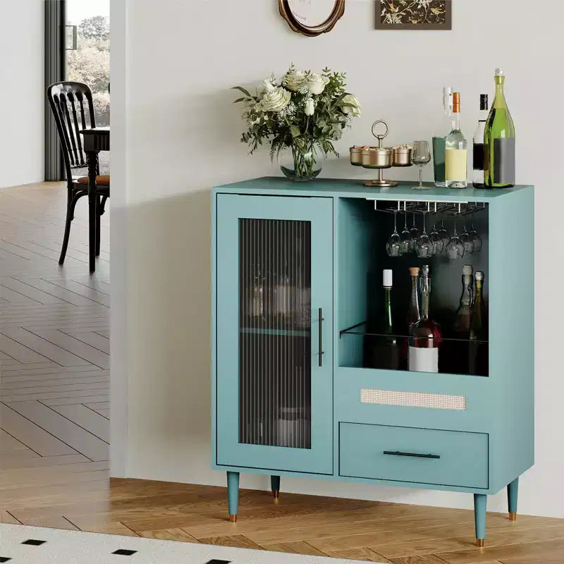 Mobile Bar Caffè da 78 cm con Anta in Vetro Temperato, Portabicchieri da Vino a 3 Scomparti, Portabottiglie e Cassetti, Credenza a Buffet per Sala da Pranzo e Cucina