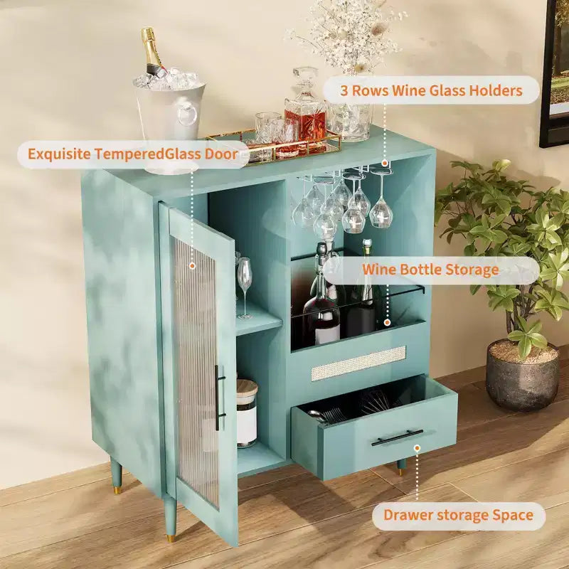 Mobile Bar Caffè da 78 cm con Anta in Vetro Temperato, Portabicchieri da Vino a 3 Scomparti, Portabottiglie e Cassetti, Credenza a Buffet per Sala da Pranzo e Cucina