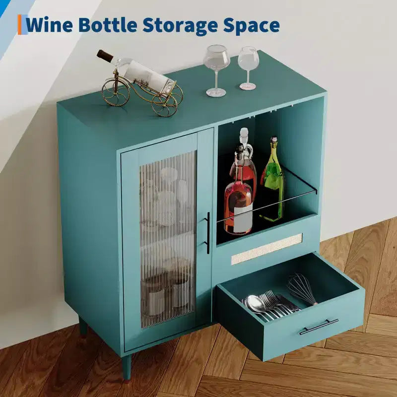 Mobile Bar Caffè da 78 cm con Anta in Vetro Temperato, Portabicchieri da Vino a 3 Scomparti, Portabottiglie e Cassetti, Credenza a Buffet per Sala da Pranzo e Cucina