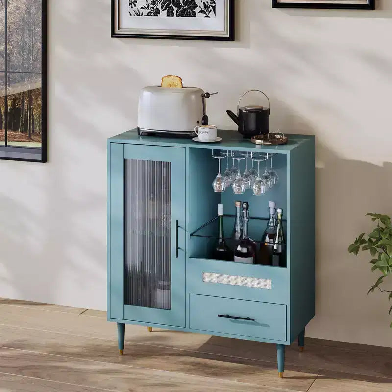 Mobile Bar Caffè da 78 cm con Anta in Vetro Temperato, Portabicchieri da Vino a 3 Scomparti, Portabottiglie e Cassetti, Credenza a Buffet per Sala da Pranzo e Cucina