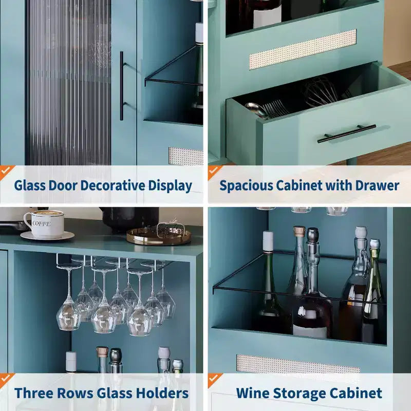 Mobile Bar Caffè da 78 cm con Anta in Vetro Temperato, Portabicchieri da Vino a 3 Scomparti, Portabottiglie e Cassetti, Credenza a Buffet per Sala da Pranzo e Cucina