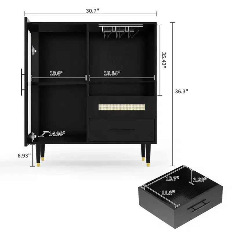Mobile Bar Caffè da 78 cm con Anta in Vetro Temperato, Portabicchieri da Vino a 3 Scomparti, Portabottiglie e Cassetti, Credenza a Buffet per Sala da Pranzo e Cucina