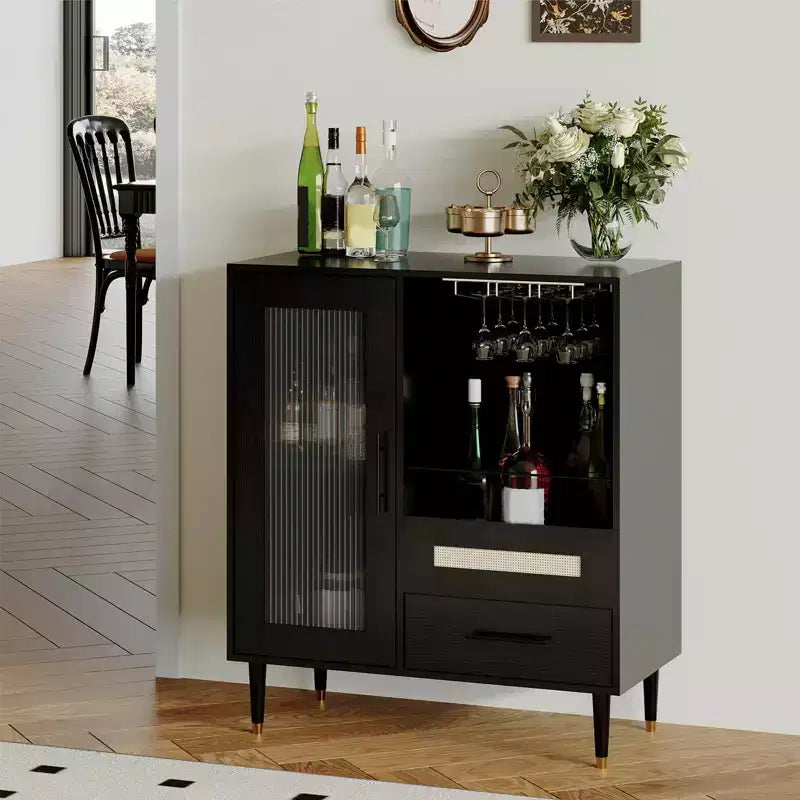 Mobile Bar Caffè da 78 cm con Anta in Vetro Temperato, Portabicchieri da Vino a 3 Scomparti, Portabottiglie e Cassetti, Credenza a Buffet per Sala da Pranzo e Cucina