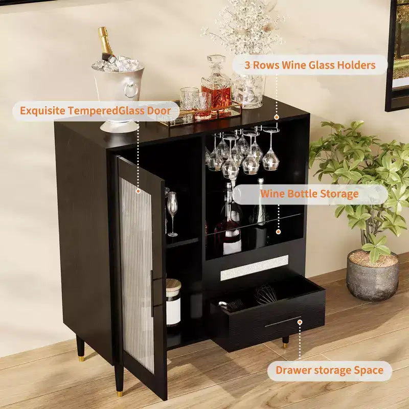 Mobile Bar Caffè da 78 cm con Anta in Vetro Temperato, Portabicchieri da Vino a 3 Scomparti, Portabottiglie e Cassetti, Credenza a Buffet per Sala da Pranzo e Cucina