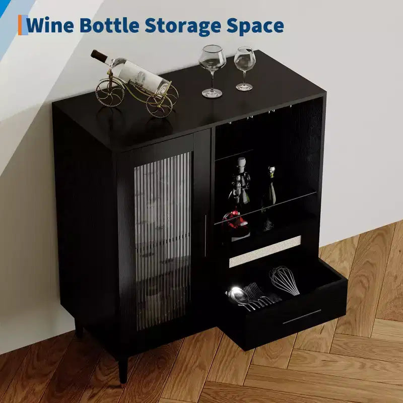 Mobile Bar Caffè da 78 cm con Anta in Vetro Temperato, Portabicchieri da Vino a 3 Scomparti, Portabottiglie e Cassetti, Credenza a Buffet per Sala da Pranzo e Cucina