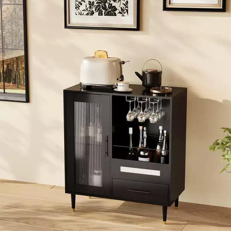 Mobile Bar Caffè da 78 cm con Anta in Vetro Temperato, Portabicchieri da Vino a 3 Scomparti, Portabottiglie e Cassetti, Credenza a Buffet per Sala da Pranzo e Cucina