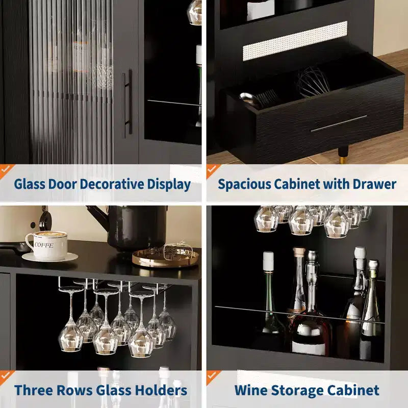 Mobile Bar Caffè da 78 cm con Anta in Vetro Temperato, Portabicchieri da Vino a 3 Scomparti, Portabottiglie e Cassetti, Credenza a Buffet per Sala da Pranzo e Cucina