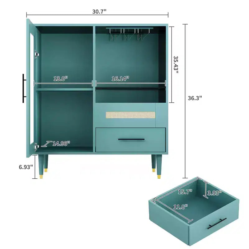 Mobile Bar Caffè da 78 cm con Anta in Vetro Temperato, Portabicchieri da Vino a 3 Scomparti, Portabottiglie e Cassetti, Credenza a Buffet per Sala da Pranzo e Cucina