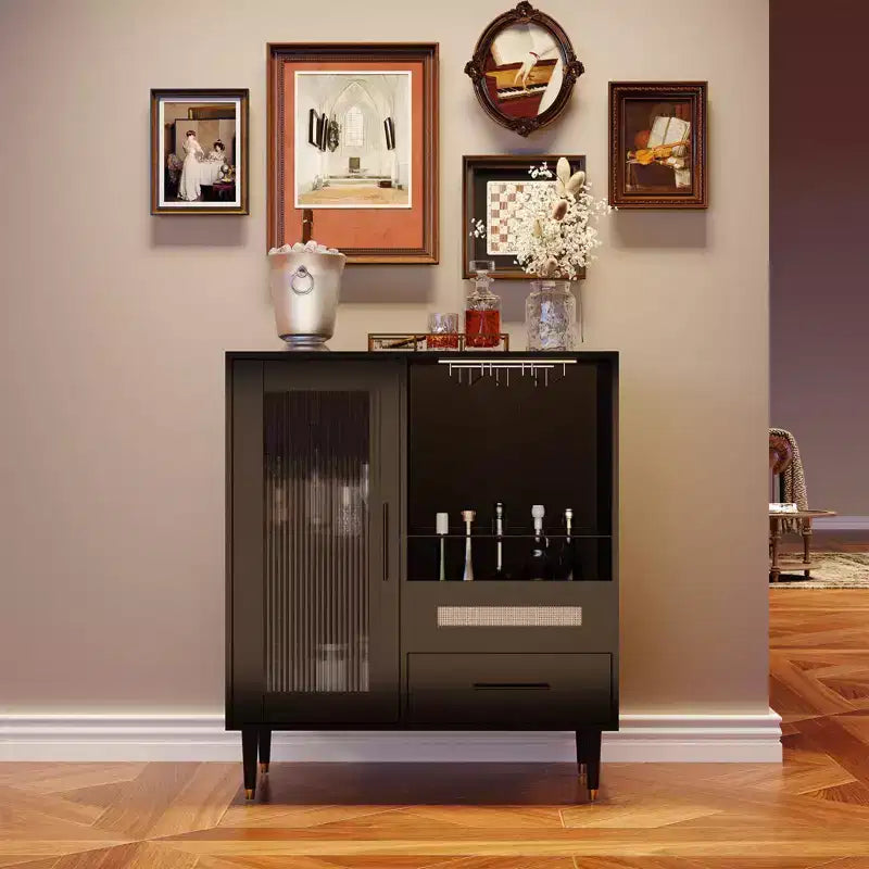30.7 Coffee Bar Cabinet with Tempered-Glass Door, 3-Row Wine-Glass Rack, Bottle & Drawer Storage, Buffet Sideboard for Dining Room & Kitchen
