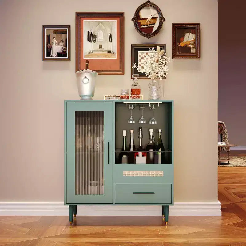 Mobile Bar Caffè da 78 cm con Anta in Vetro Temperato, Portabicchieri da Vino a 3 Scomparti, Portabottiglie e Cassetti, Credenza a Buffet per Sala da Pranzo e Cucina