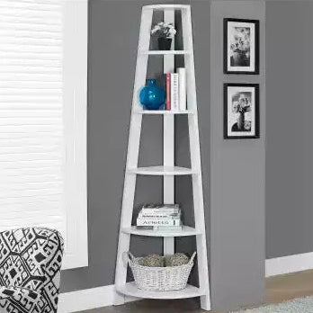 Scaffali ad angolo moderni a 5 ripiani in legno, Libreria con ripiani fissi a vassoio, Scaffali portaoggetti, Librerie leggere per soggiorno, ufficio