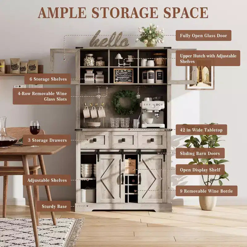 Buffet de bar de ferme de 72 po avec porte coulissante, Buffet de cuisine haut avec 3 tiroirs, Desserte rustique avec porte-bouteilles et porte-verres