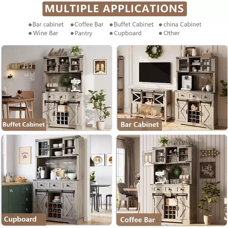Buffet de bar de ferme de 72 po avec porte coulissante, Buffet de cuisine haut avec 3 tiroirs, Desserte rustique avec porte-bouteilles et porte-verres