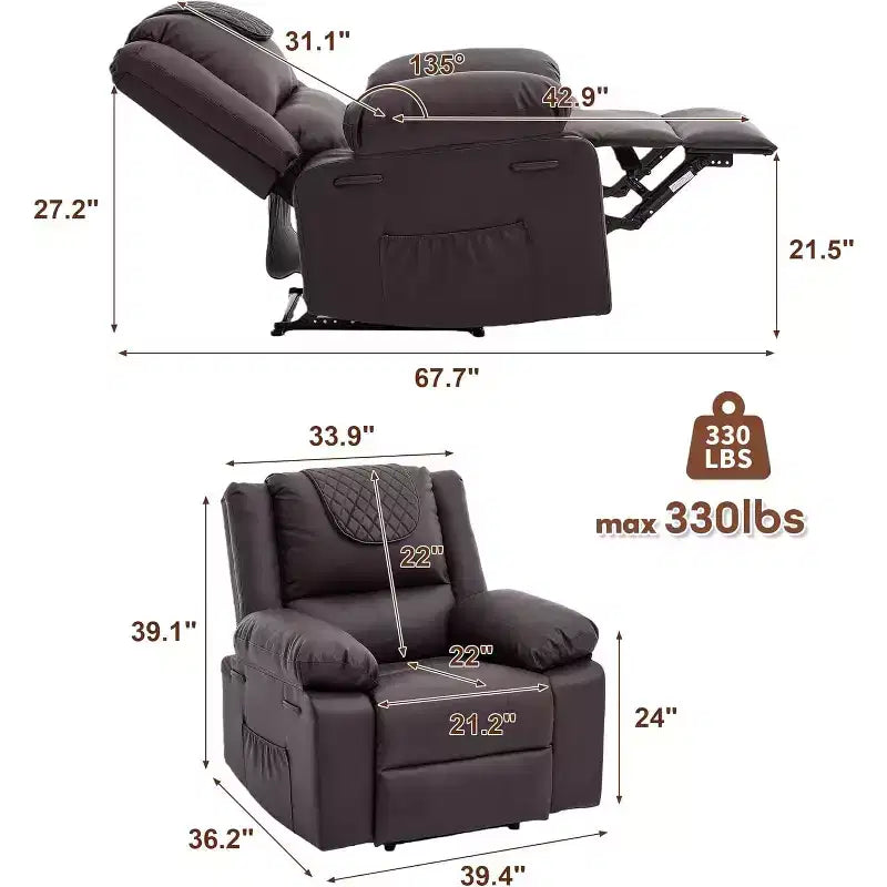 Fauteuil inclinable manuel Acekool, massage et chaleur, réglable à 135°, poches latérales, pour salon et chambre