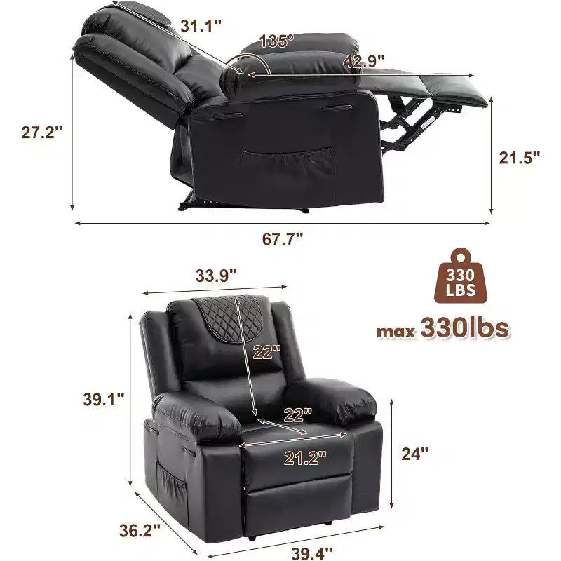 Fauteuil inclinable manuel Acekool, massage et chaleur, réglable à 135°, poches latérales, pour salon et chambre