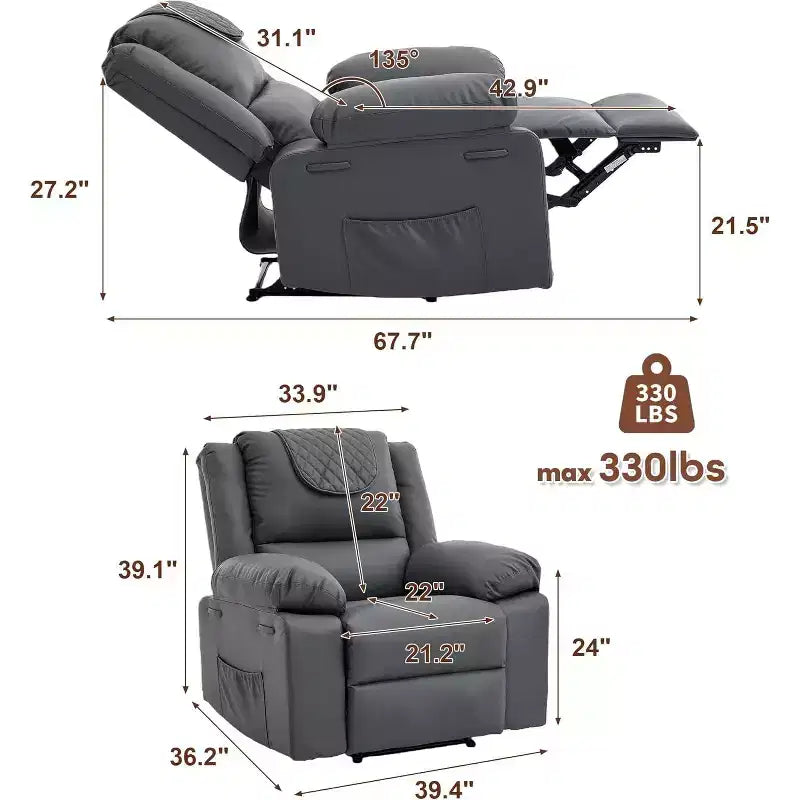 Fauteuil inclinable manuel Acekool, massage et chaleur, réglable à 135°, poches latérales, pour salon et chambre