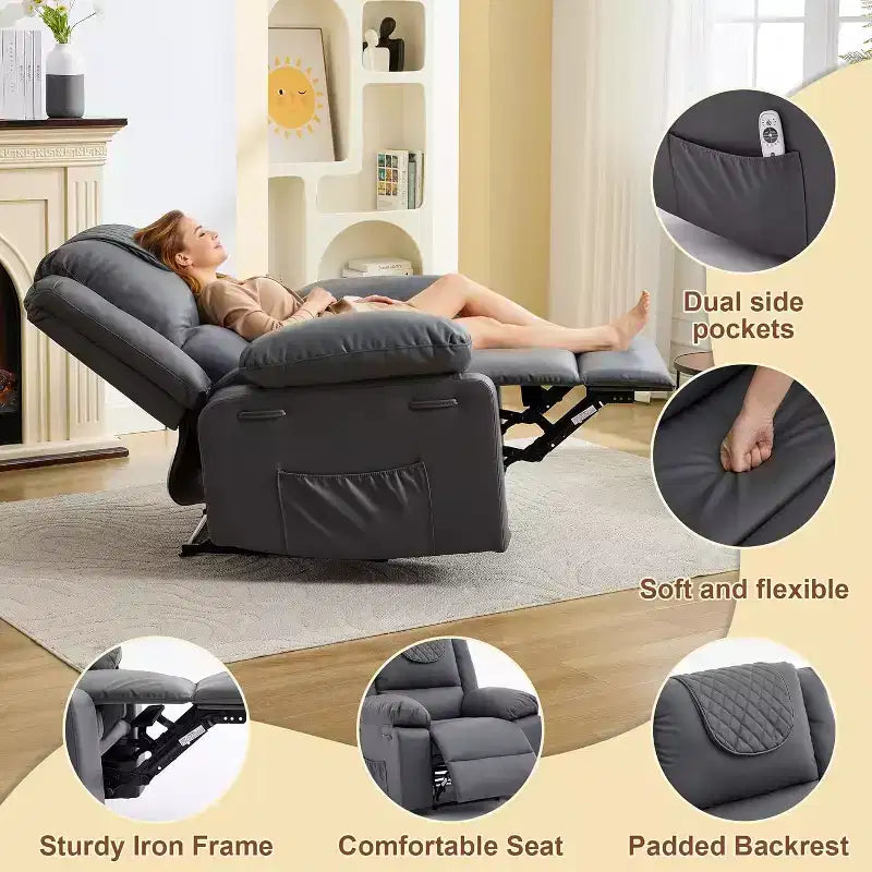 Fauteuil inclinable manuel Acekool, massage et chaleur, réglable à 135°, poches latérales, pour salon et chambre