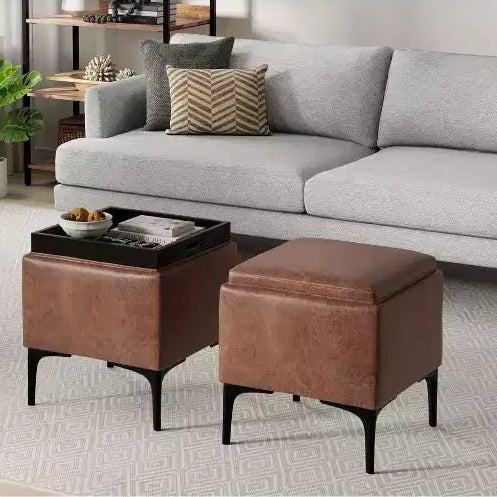 Evianna Pouf Contenitore Quadrato Contemporaneo Largo 45 cm di Metà Secolo con Vassoio in Ecopelle Vegana Marrone Sella Invecchiato