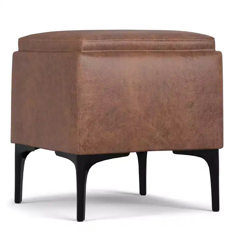 Evianna Pouf Contenitore Quadrato Contemporaneo Largo 45 cm di Metà Secolo con Vassoio in Ecopelle Vegana Marrone Sella Invecchiato