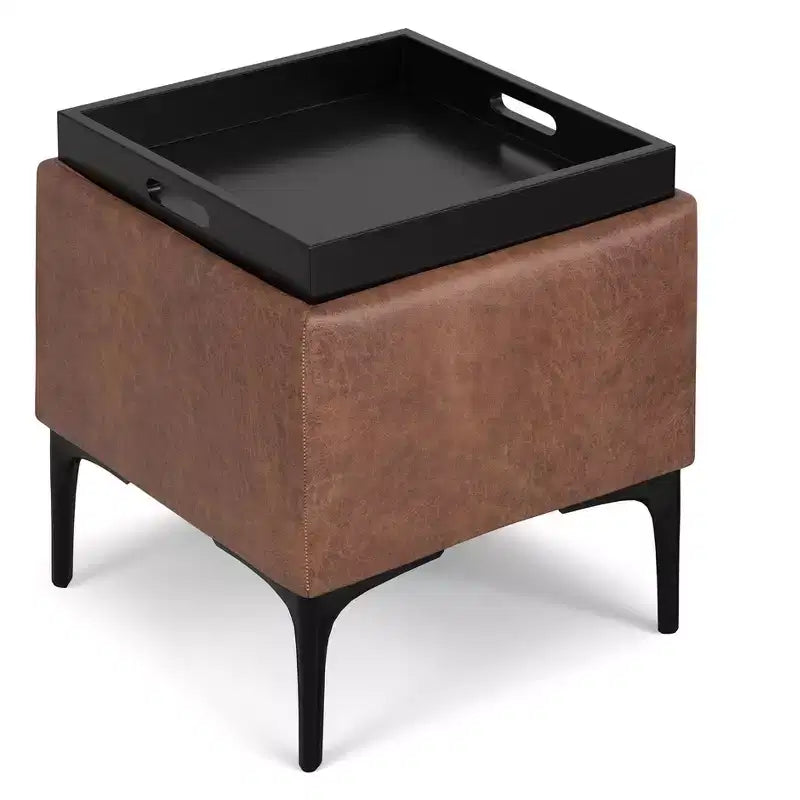 Evianna Pouf Contenitore Quadrato Contemporaneo Largo 45 cm di Metà Secolo con Vassoio in Ecopelle Vegana Marrone Sella Invecchiato