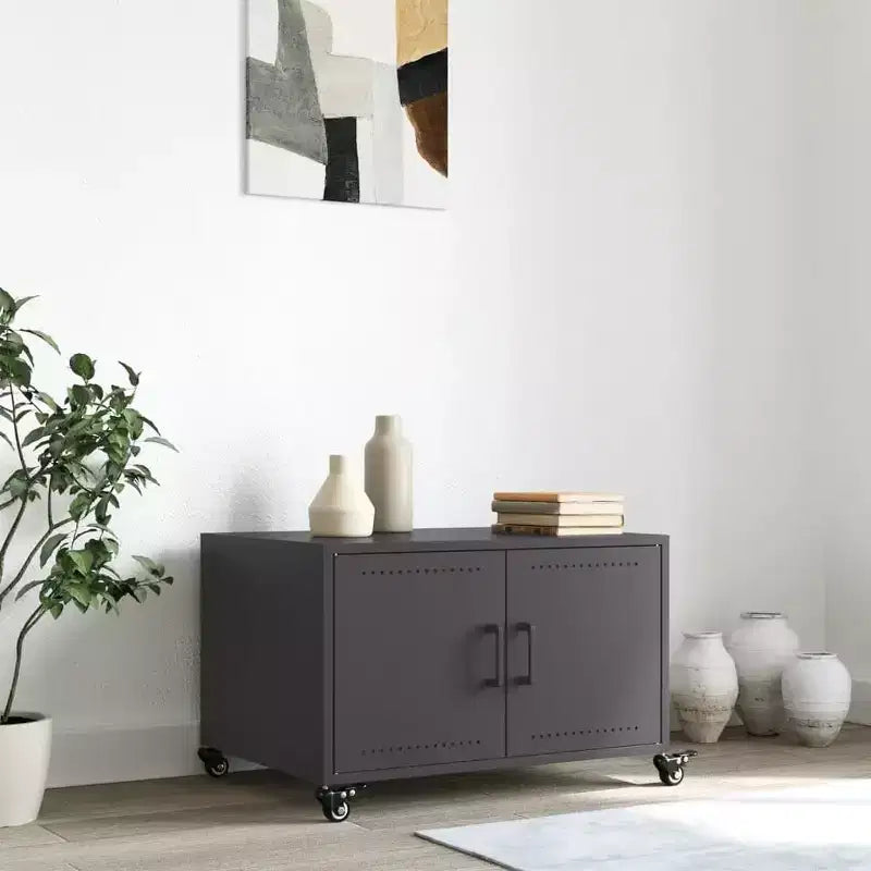 Tavolino da caffè in acciaio laminato a freddo nero, ruote bloccabili medie