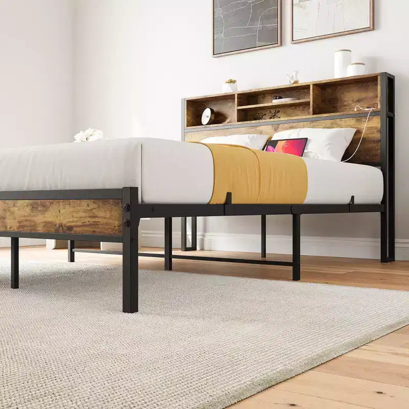 Struttura letto matrimoniale con testiera contenitore, letto a piattaforma in metallo con stazione di ricarica, libreria contenitore, nessuna necessità di rete a doghe, facile montaggio
